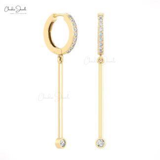 14k Real Gold Dainty Hoop With 0.4 Ct White Diamond Bar Drop Dangle Earrings For Women