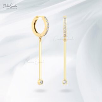 14k Real Gold Dainty Hoop With 0.4 Ct White Diamond Bar Drop Dangle Earrings For Women