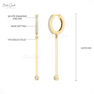 14k Real Gold Dainty Hoop With 0.4 Ct White Diamond Bar Drop Dangle Earrings For Women