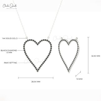 Hollow Heart Chain Necklace With 1.5mm Black Diamond Birthstone Necklace In 14k Real Gold
