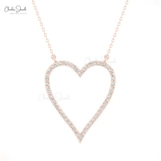 Pave Open Heart Necklace In Pure 14k Gold G-H Diamond 0.75 Ct Round Cut Love Necklaces
