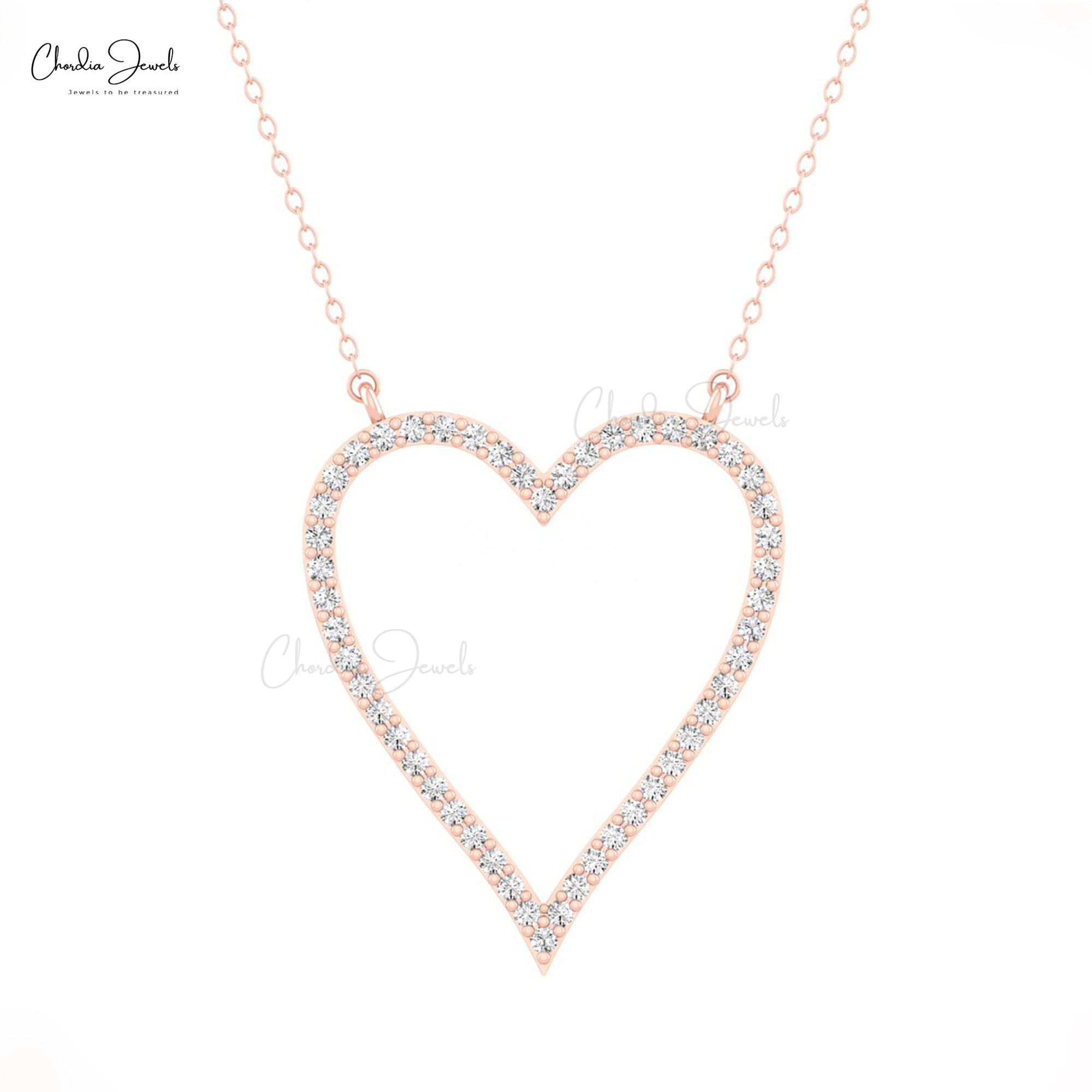 Pave Open Heart Necklace In Pure 14k Gold G-H Diamond 0.75 Ct Round Cut Love Necklaces