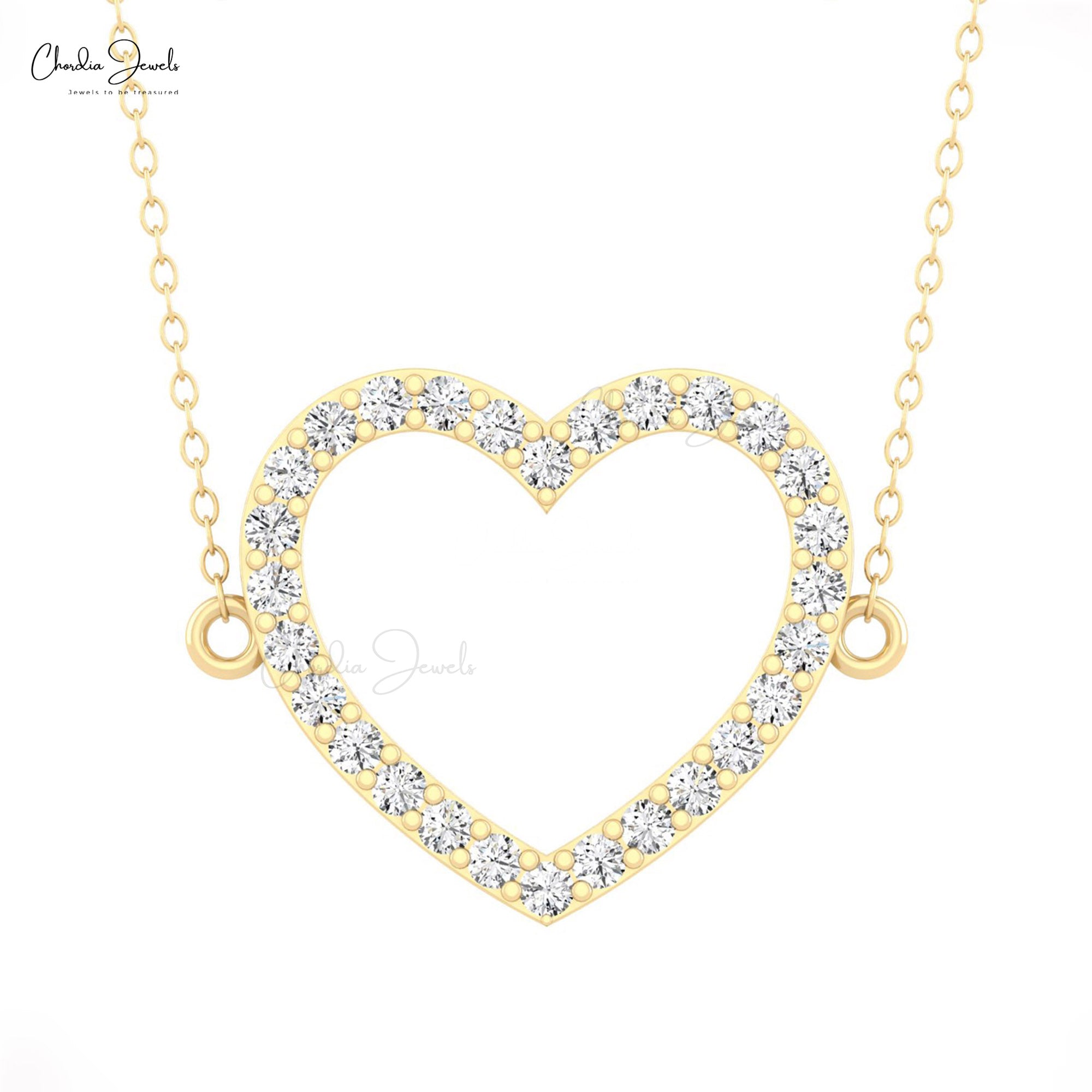 Open Heart Women Necklace In 14k Pure Gold White Diamond Pave Set Chain Necklaces