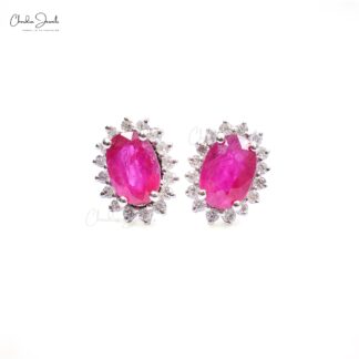 Genuine Ruby Solitaire Earrings with Diamond Halo in 14k White Gold Wedding Gift