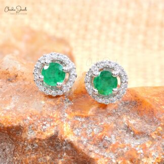 Genuine Emerald Earrings With Diamond Halo In 14k White Gold