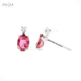 Natural Pink Tourmaline & Round 0.06ct Diamond Studs 14k White Gold Minimalist Earrings