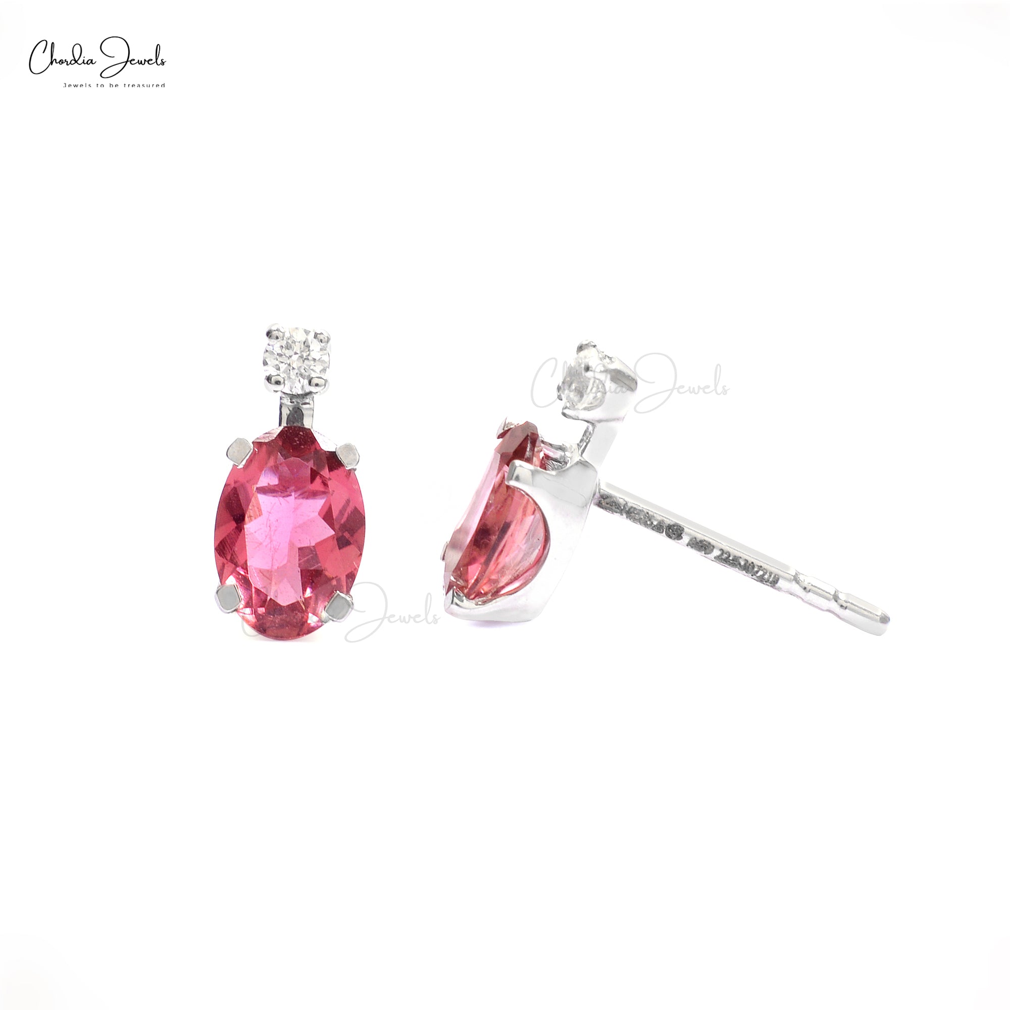 Natural Pink Tourmaline & Round 0.06ct Diamond Studs 14k White Gold Minimalist Earrings