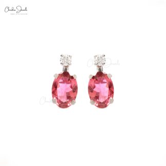 Natural Pink Tourmaline & Round 0.06ct Diamond Studs 14k White Gold Minimalist Earrings