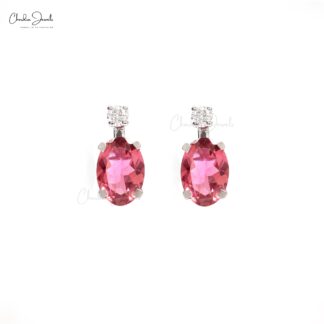 Natural Pink Tourmaline & Round 0.06ct Diamond Studs 14k White Gold Minimalist Earrings