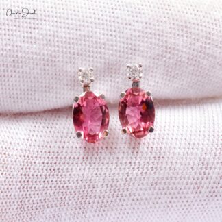Natural Pink Tourmaline & Round 0.06ct Diamond Studs 14k White Gold Minimalist Earrings