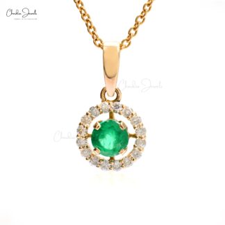 New Design White Diamond Halo Pendant in 14k Pure Rose Gold Genuine Green Emerald Gemstone Pendant Necklace Minimalist Jewelry For Gift