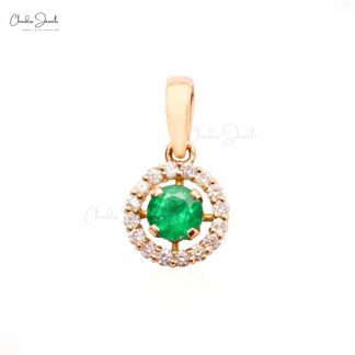 New Design White Diamond Halo Pendant in 14k Pure Rose Gold Genuine Green Emerald Gemstone Pendant Necklace Minimalist Jewelry For Gift