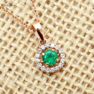 New Design White Diamond Halo Pendant in 14k Pure Rose Gold Genuine Green Emerald Gemstone Pendant Necklace Minimalist Jewelry For Gift