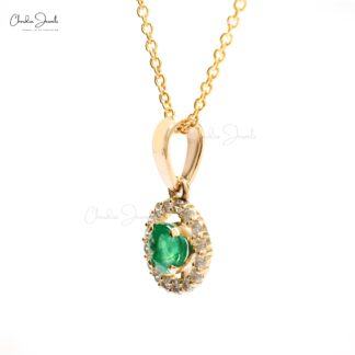New Design White Diamond Halo Pendant in 14k Pure Rose Gold Genuine Green Emerald Gemstone Pendant Necklace Minimalist Jewelry For Gift