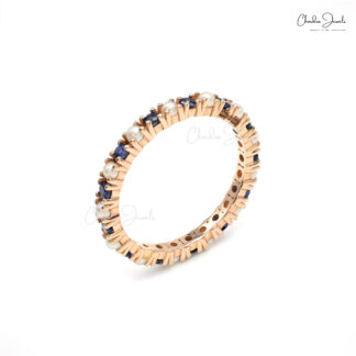 Eternity Stacking Band With 2mm Blue Sapphire And Pearl Pave Set In 14k Rose Gold Ring