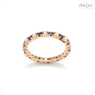 Eternity Stacking Band With 2mm Blue Sapphire And Pearl Pave Set In 14k Rose Gold Ring