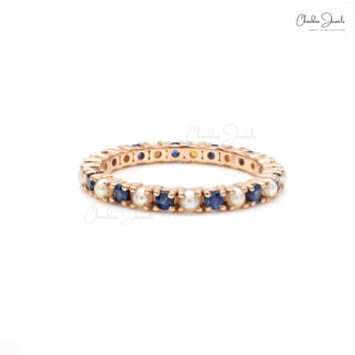Eternity Stacking Band With 2mm Blue Sapphire And Pearl Pave Set In 14k Rose Gold Ring