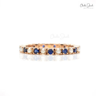 Eternity Stacking Band With 2mm Blue Sapphire And Pearl Pave Set In 14k Rose Gold Ring