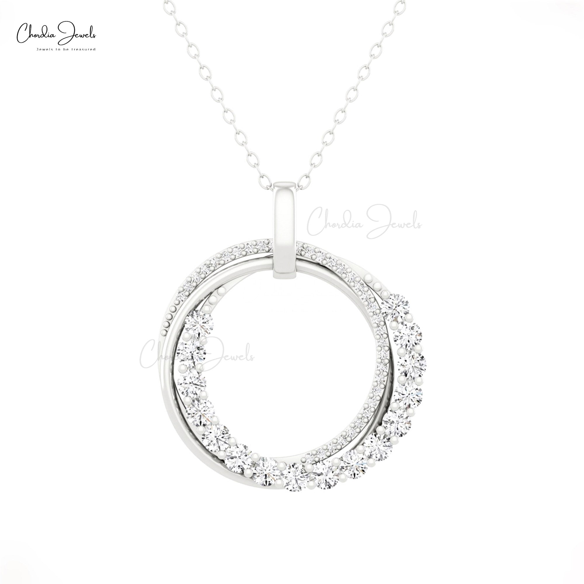 Open Circle Overlapping Pendant With 1.15 Ct White Diamond 14k Solid Gold Unique Necklace