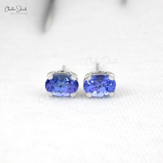 Natural Tanzanite Solitaire Earrings In Real 14k White Gold Oval 6x4mm Gemstone Jewelry
