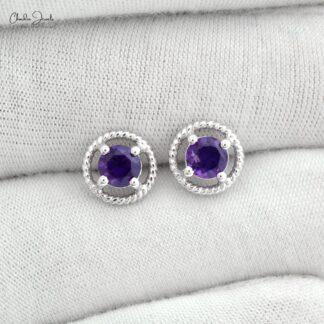 Natural Amethyst 5mm Round Brilliant Cut Spiral Studs, 0.84 Ct February Birthstone Gemstone Stud Earrings, 14k Solid White Gold 4-Prong Set Minimalist Jewelry For Birthday Gift