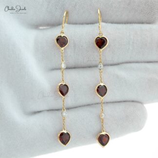 Heart Dangle Earring In 14k Yellow Gold Red Garnet And Diamond Ear Wire Wedding Earrings