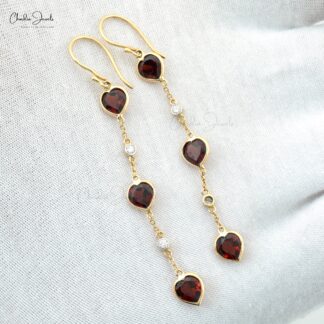 Heart Cut Natural Red Garnet Dangling Earring in 14k Solid Yellow Gold