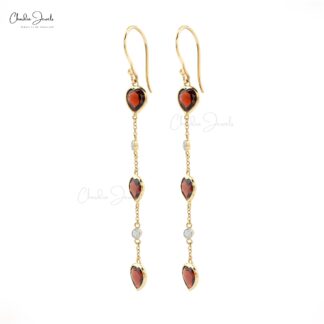Heart Cut Natural Red Garnet Dangling Earring in 14k Solid Yellow Gold