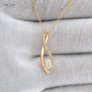 Natural Opal Gemstone Overlay Pendant in 14k Yellow Gold Diamond Handmade Necklace