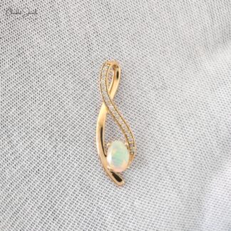 Natural Opal Gemstone Overlay Pendant in 14k Yellow Gold Diamond Handmade Necklace