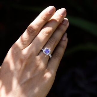 Halo Engagement Ring With 6mm Tanzanite & Diamond Pave Set In 14k White Gold Bridal Rings