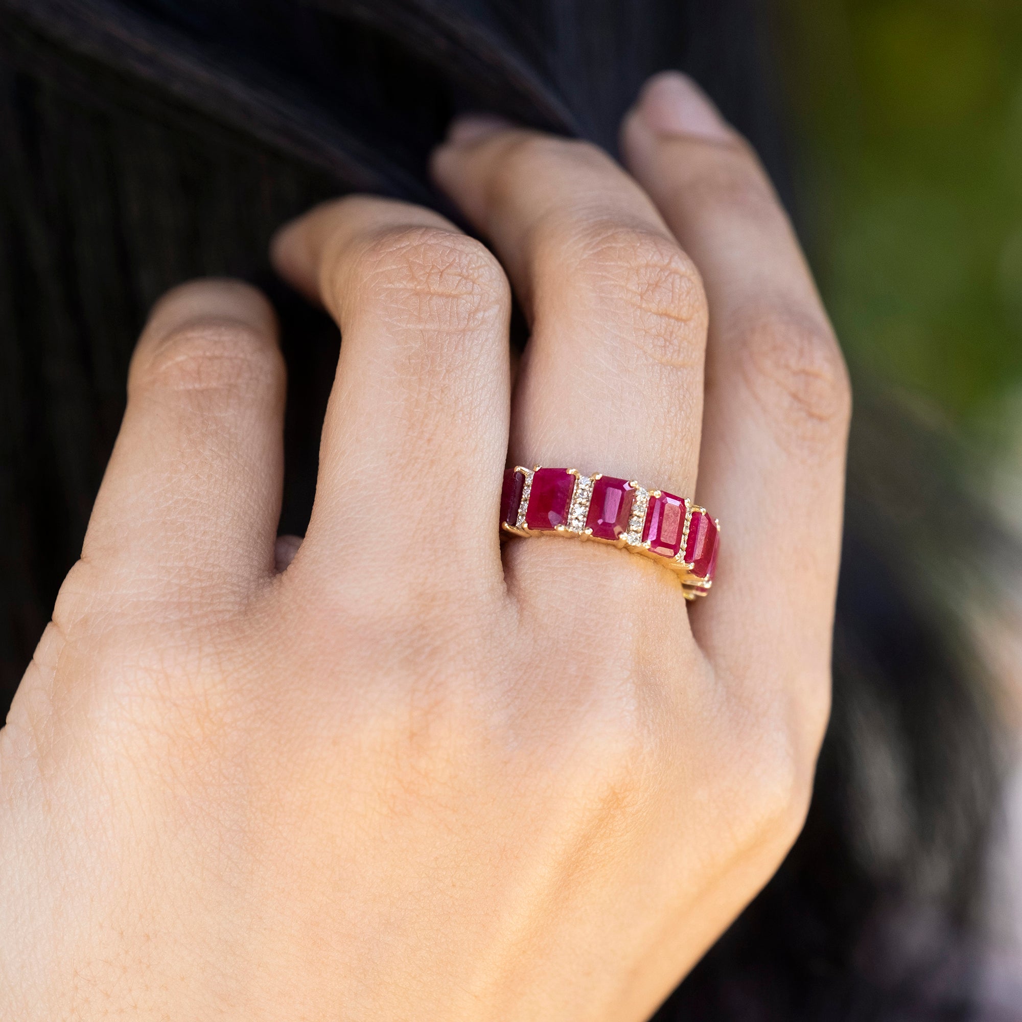 Natural Ruby Full Eternity Band Ring In 14k Real Yellow Gold Diamond Handmade Fine Jewelry