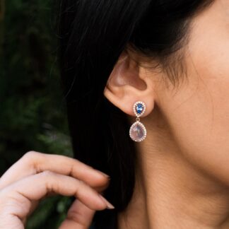 Pear Shape Dangle Earring In 14k Rose Gold Tanzanite & Rose Quartz Halo Diamond Earrings