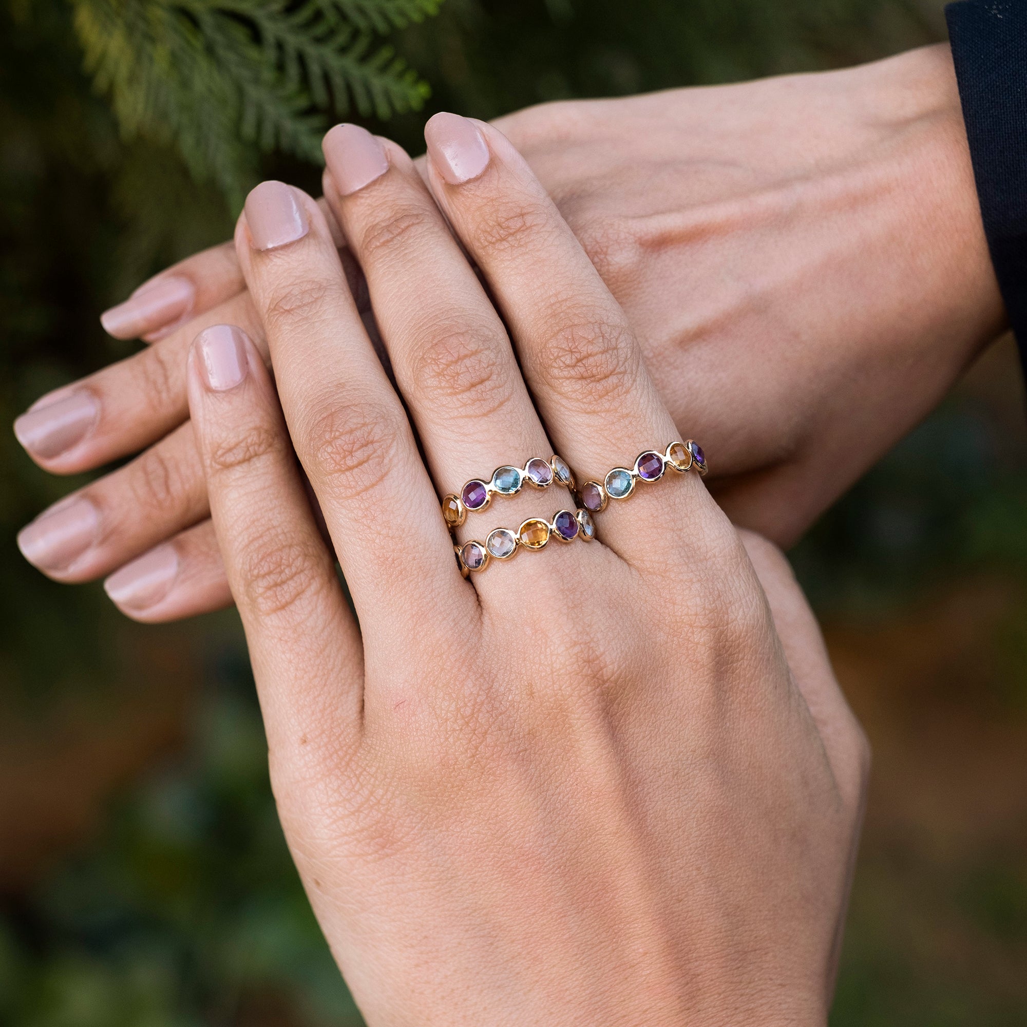 Multi Gemstone Eternity Band With 4mm Round Cut Bezel Set In 14k Yellow Gold Stack Ring