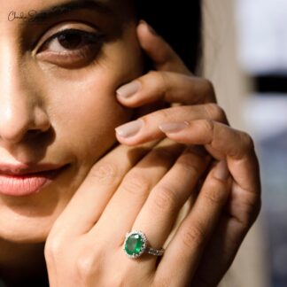 Halo Engagement Ring With 11x8mm Emerald And Diamond Pave In 14k White Gold Certified Rings