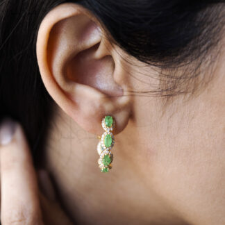 Gemstone Halo Hoops In 14k Real Yellow Gold Emerald G-H Diamond Latch Back Earrings