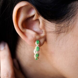 Halo Diamond Verified Hoop With 5x3mm Emerald Gemstone Women Earrings In 14k Yellow Gold