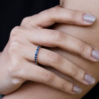 Half Eternity Stack Band With 2.5mm Blue Sapphire Wedding Ring In 14k Real Yellow Gold