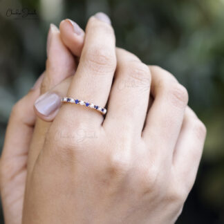 Eternity Stacking Band With 2mm Blue Sapphire And Pearl Pave Set In 14k Rose Gold Ring