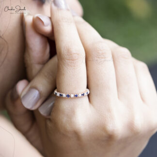 Eternity Stacking Band With 2mm Blue Sapphire And Pearl Pave Set In 14k Rose Gold Ring