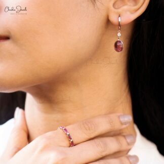 Genuine Pink Tourmaline & Diamond Accents in 14k Real Rose Gold Dangle Earrings