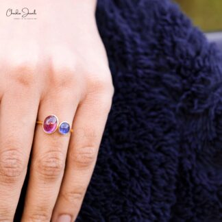 Oval Pink Tourmaline Adjustable Ring In 14k Yellow Gold Tanzanite Open Cuff 2 Stone Ring