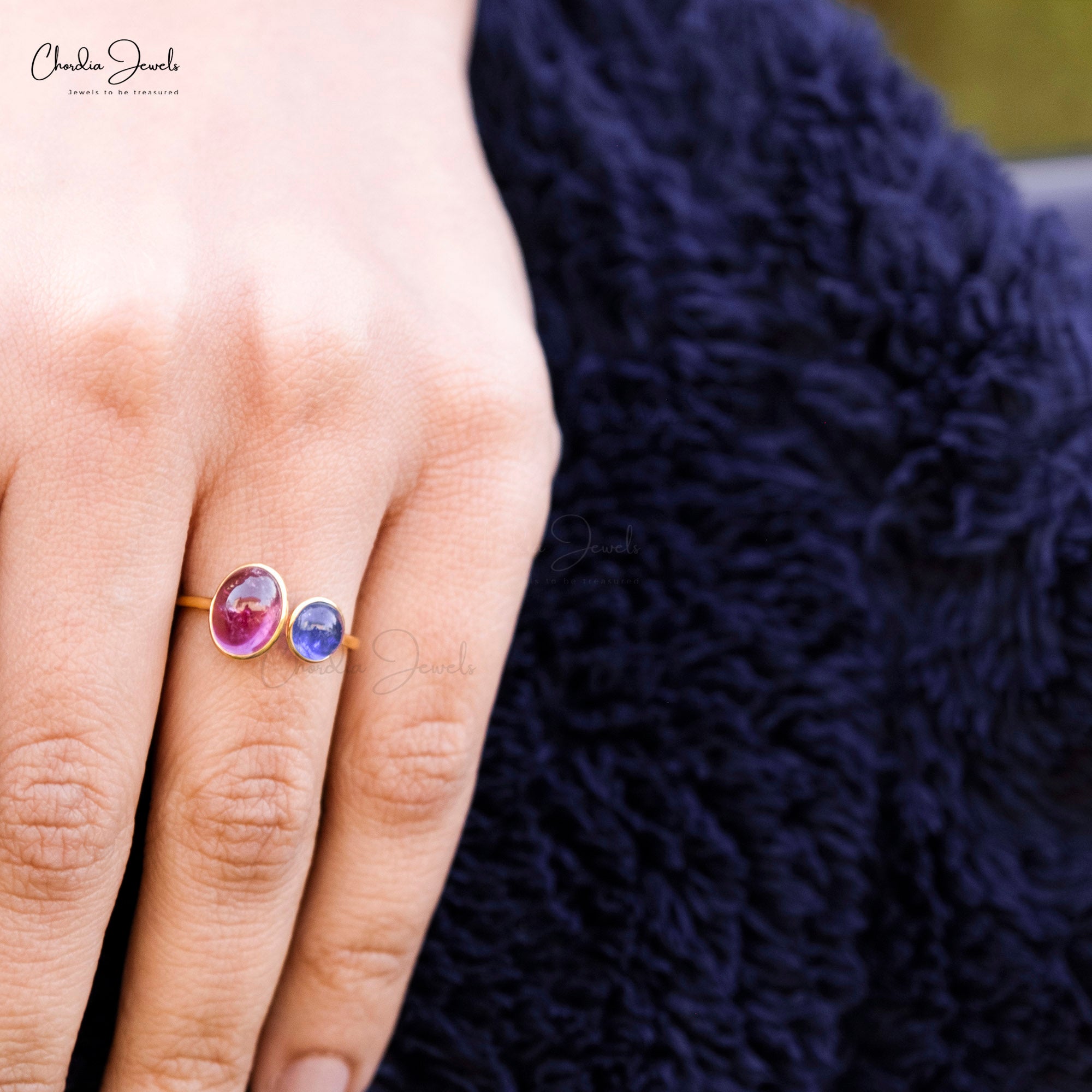 Oval Pink Tourmaline Adjustable Ring In 14k Yellow Gold Tanzanite Open Cuff 2 Stone Ring