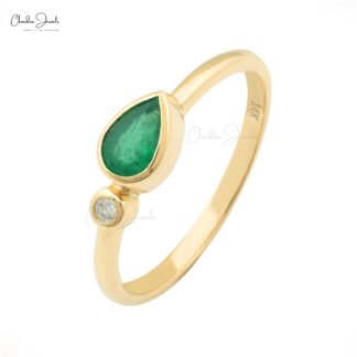 Genuine Emerald & Diamond 2-Stone Ring In Solid 14k Yellow Gold