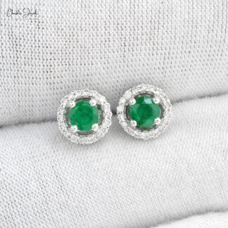 Natural Emerald Stud Earrings With Diamond Halo Solid 14k White Gold Dainty Earrings