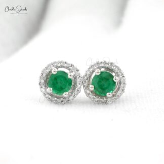 Natural Emerald Stud Earrings With Diamond Halo Solid 14k White Gold Dainty Earrings
