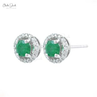 Natural Emerald Stud Earrings With Diamond Halo Solid 14k White Gold Dainty Earrings
