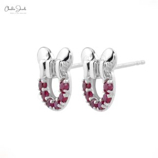 Mickey Head Kids Earring With 2mm Burma Ruby July Birthstone Studs In 14k White Gold
