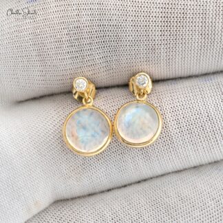 Genuine Rainbow Moonstone Dangling Earrings 14k Solid Yellow Gold Diamond Minimalist Studs 8mm Round Cut Gemstone Fine Jewelry