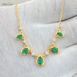 Pear Cut 1.74 Ct Natural Green Emerald Statement Necklace, April Birthstone White Diamond Necklace For Women, 14k Solid Yellow Gold Minimalist Wedding Jewelry